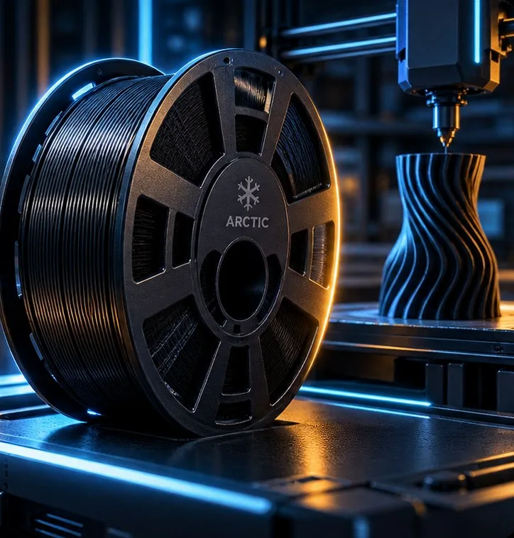 Модель из PETG на столе 3D-принтера рядом с катушкой